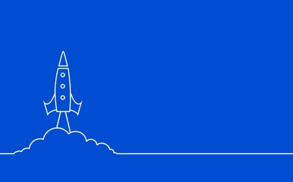 line style flying rocket blue background