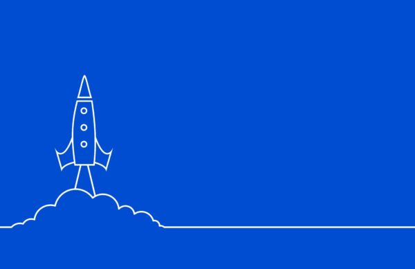 line style flying rocket blue background