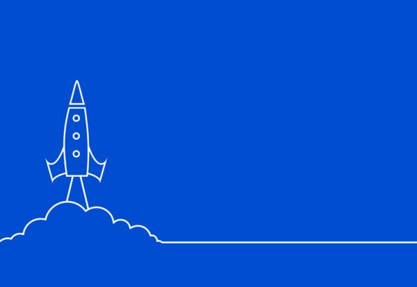 line style flying rocket blue background